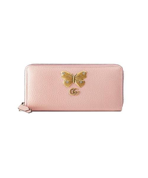 Gucci GG Leather Zip Around Wallet With Butterfly Light Pink