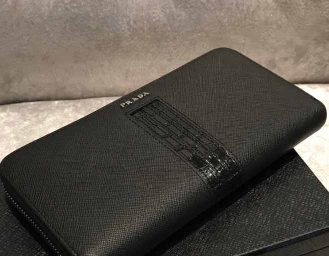 Prada Saffiano and Crocodile Leather Wallet All Black With Crocodile Insert