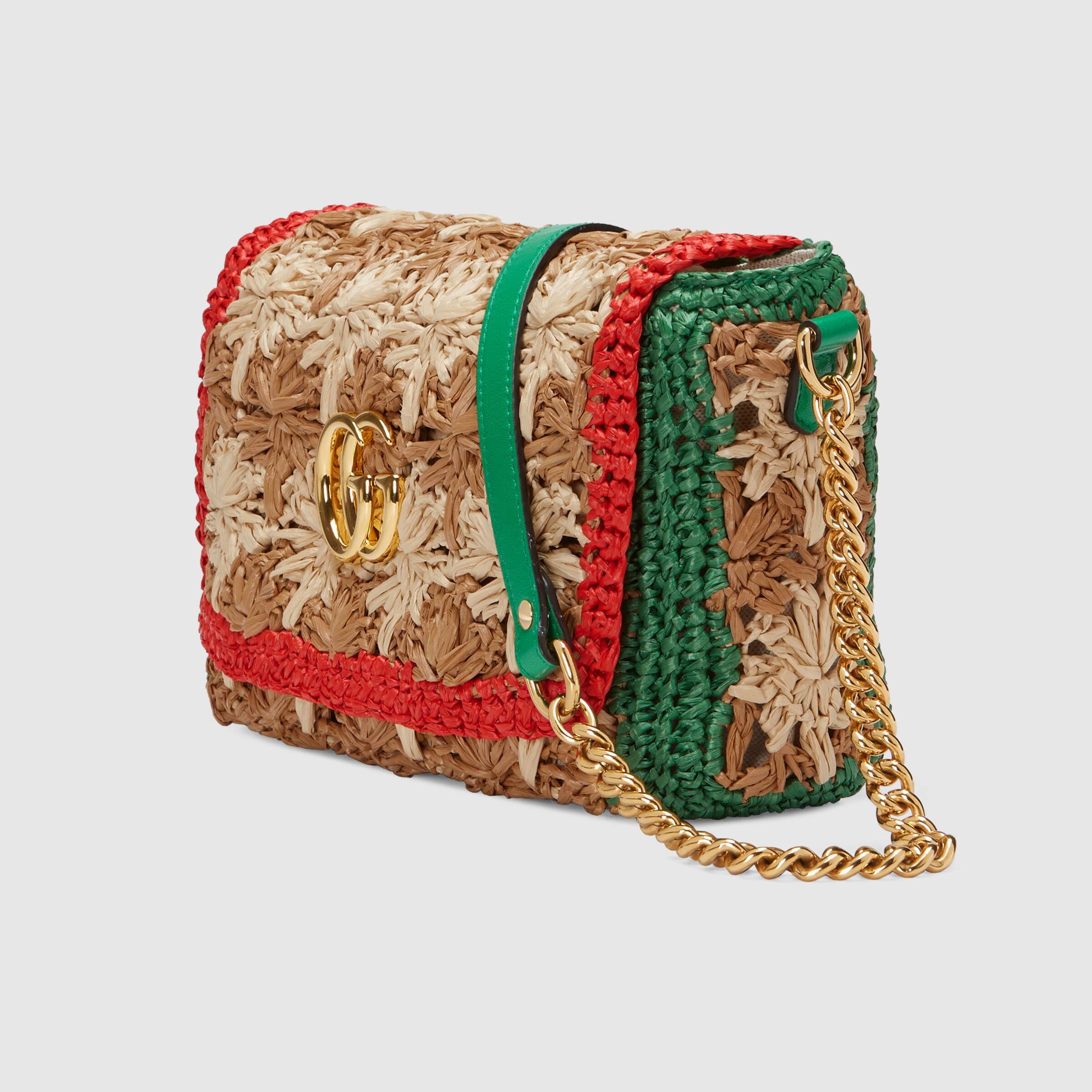 Gucci Marmont Raffia Small Shoulder Bag Red Green