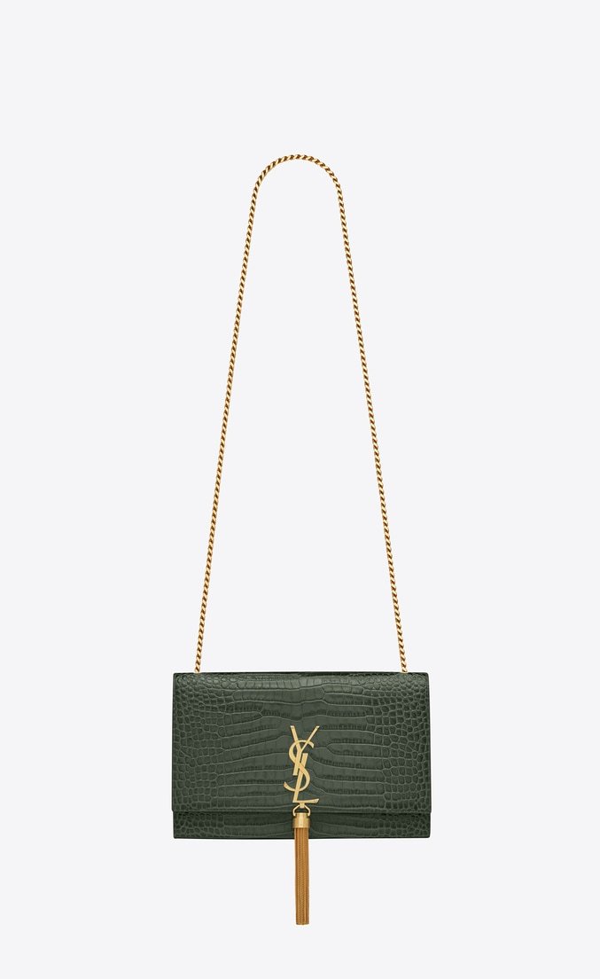 Saint Laurent Medium Kate Tassel Chain Bag Dark Green Crocodile