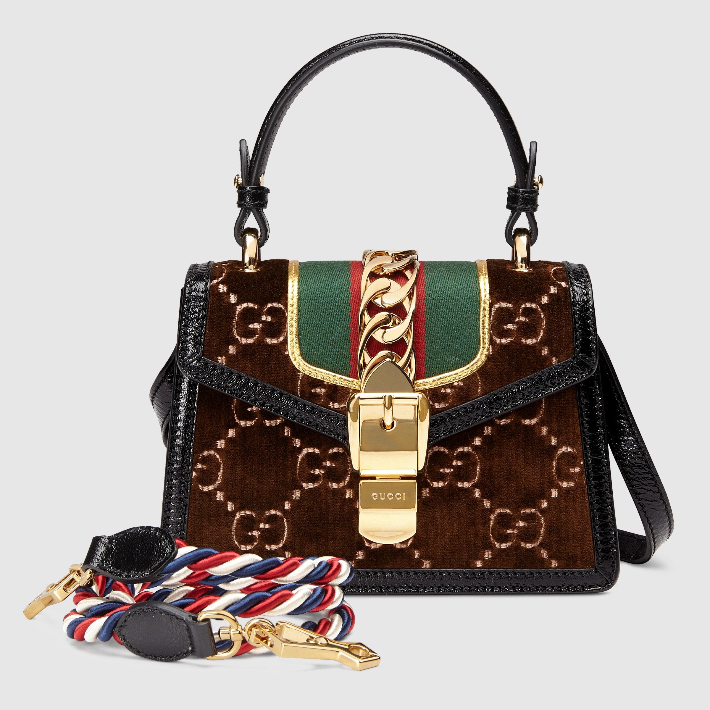 Gucci Sylvie GG Velvet Small Shoulder Bag Brown