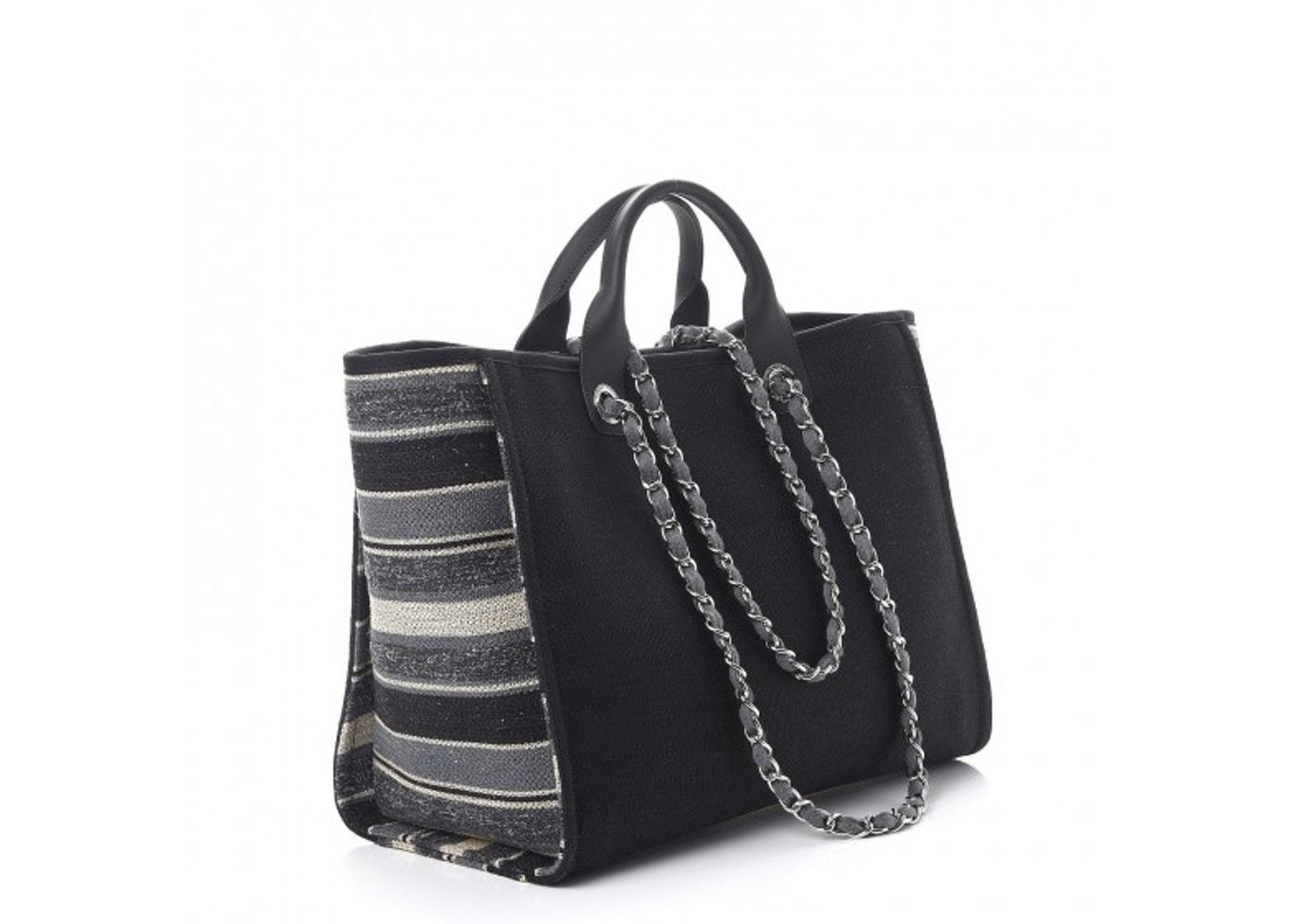 Chanel Deauville Fabric Tote Black With Grey, Black And White Stripes