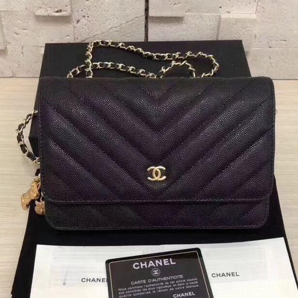 Chanel Wallet On Chain – WOC Chevron Lambskin Black Gold-Toned
