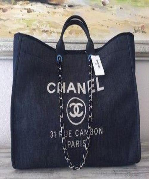 Chanel Deauville Fabric Tote Navy Blue/Gold