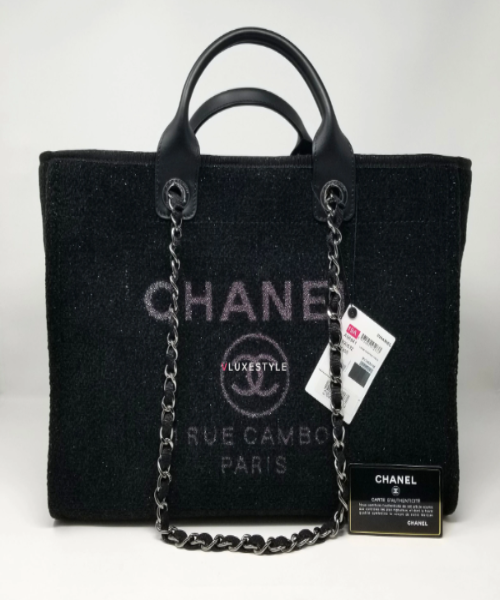 Chanel Deauville Fabric Tote Black With Grey, Black And White Stripes