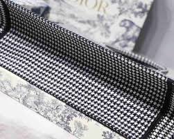 Dior Book Tote Bag In White and Black Embroidered Canvas Houndstooth Motif