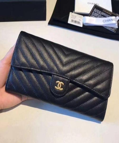 Chanel Classic Long Flap Wallet Chevron Lambskin Black best quality