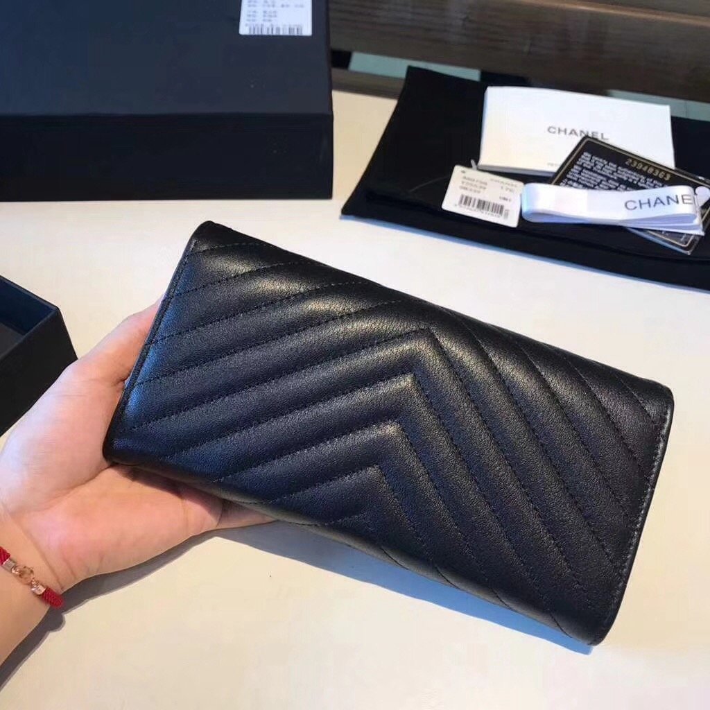 Chanel Classic Long Flap Wallet Chevron Lambskin Black best quality