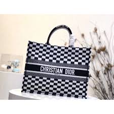 Dior Book Tote Bag In Black And White Checkered Canvas